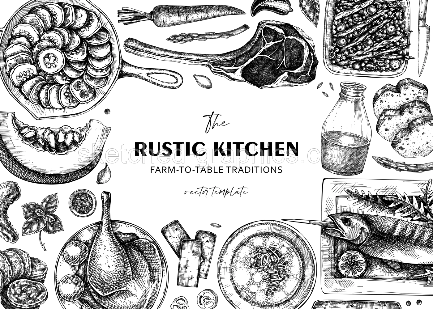 Farmhouse food background. Hand drawn vector illustrations. Rustic kitchen sketch. Family dinner frame design. NOT AI generated. Illustration